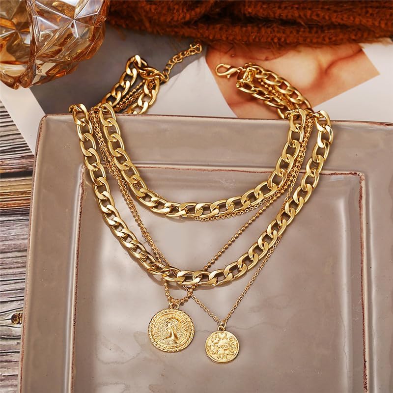 Lookray Gold Pirate Necklace for Women Layered Chunky Pirate Costume Jewelry Hip Hop 80s 90s Coin Pendant Necklace Halloween Pirate Costume Accessories - Image 3
